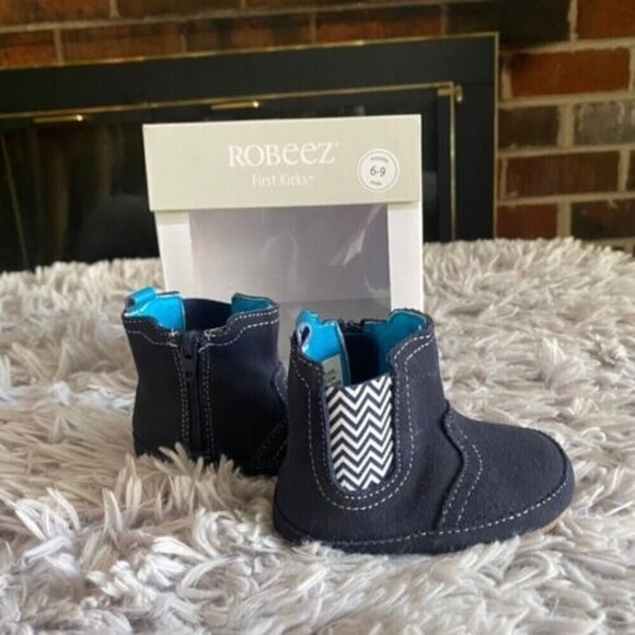 Robeez First Kicks Maddox Navy Leather Boot 6-9 Months Zipper New - Picture 5 of 16